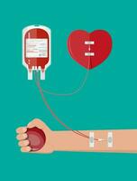 sangue Borsa, cuore e mano di donatore con sfera. sangue donazione giorno concetto. umano dona sangue. vettore illustrazione nel piatto stile.