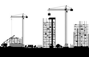 costruzione luogo con edifici e gru. grattacielo sotto costruzione. vettore illustrazione silhouette