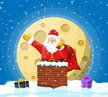 Santa Claus con Borsa con i regali nel Casa camino, regalo scatole nel neve. contento nuovo anno decorazione. allegro Natale vigilia vacanza. nuovo anno e natale celebrazione. vettore illustrazione nel piatto stile