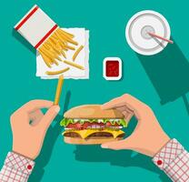 gustoso hamburger, rosso a strisce carta bicchiere con potabile cannuccia, francese patatine fritte nel bianca carta scatola. tazza di Coca Cola con patatine fritte e cheeseburger. uomo mangiare veloce cibo. superiore Visualizza. vettore illustrazione nel piatto stile