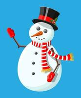 bianca pupazzo di neve con cilindro cappello e agrifoglio, sciarpa e guanti. contento nuovo anno decorazione. allegro Natale vacanza. nuovo anno e natale celebrazione. vettore illustrazione nel piatto stile