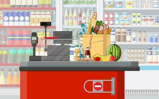 supermercato memorizzare interno con merce. grande shopping centro commerciale. interno memorizzare dentro. check-out contatore, denaro contante macchina, drogheria, bevande, cibo, frutta, latteria prodotti. vettore illustrazione nel piatto stile