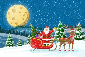 Natale sfondo. Santa Claus cavalcate renna slitta. notte inverno paesaggio con abete alberi foresta, Luna piena e nevicando. nuovo anno celebrazione. nuovo anno natale vacanza. vettore illustrazione piatto stile