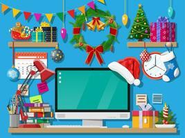 Natale o nuovo anno ufficio scrivania spazio di lavoro interno. regalo scatola, Natale albero, computer pc, ghirlanda libri orologi calendario. vettore illustrazione. vacanza natale celebrazione. vettore illustrazione piatto stile