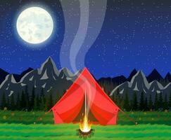 prato con erba e campeggio nel notte. tenda, falò, fiori, montagne, alberi, cielo, Luna e stelle. vettore illustrazione nel piatto stile