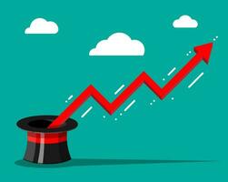 finanziario grafico volante su di magico cappello e mano con Magia bacchetta. crescita, reddito, risparmio, investimento. simbolo di ricchezza. attività commerciale successo. piatto stile vettore illustrazione.