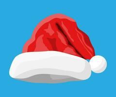 rosso Santa Claus cappello isolato su blu sfondo. cappello con pelliccia e pompon. contento nuovo anno decorazione. allegro Natale Abiti vacanza. nuovo anno e natale celebrazione. vettore illustrazione nel piatto stile