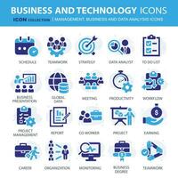 attività commerciale, dati analisi, organizzazione gestione e tecnologia icona impostare. lavoro di squadra, strategia, pianificazione, marketing, nube tecnologia, dati analisi, dipendente icona impostare. icone vettore collezione