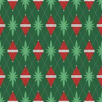 astratto sfondo senza soluzione di continuità rosso e verde diamante forma. argyle stile tessuto modello Natale cappello e marijuana le foglie. struttura design per tessili, Abiti, manifesti, muri. vettore illustrazione.