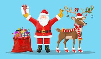 Santa Claus con campana, Borsa pieno di i regali e il suo renna. contento nuovo anno decorazione. allegro Natale vacanza. nuovo anno e natale celebrazione. vettore illustrazione nel piatto stile