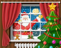 Santa nel finestra di camera con Natale albero e i regali. contento nuovo anno decorazione. allegro Natale vacanza. nuovo anno e natale celebrazione. vettore illustrazione piatto stile
