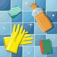 bottiglia di detergente, spugna, sapone e gomma da cancellare guanti. Accessori per lavaggio piatti e Casa pulizia. lavastoviglie. vettore illustrazione nel piatto stile