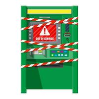 rotto banca ATM con rosso bianco nastro. su di servizio o rapina. automatico cassiere macchina. programma elettronico dispositivo per pagamento e ritirarsi denaro contante a partire dal plastica carta. vettore illustrazione nel piatto stile