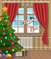 pupazzo di neve sembra nel vivente camera finestra. interno di camera con Natale albero e i regali. contento nuovo anno decorazione. allegro Natale vacanza. nuovo anno e natale celebrazione. vettore illustrazione piatto stile