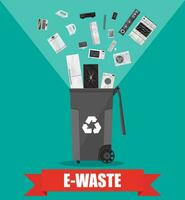 e-waste riciclare bidone contenitore con vecchio computer attrezzatura, telefoni, computer portatile, topo, tastiera del computer. vettore illustrazione nel piatto stile