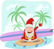 Santa Claus surfer cartone animato su estate sfondo. vettore illustrazione