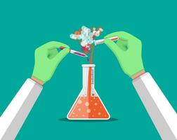 laboratorio lavoratore Tenere bicchiere tubo e pipetta. biologia scienza formazione scolastica medico prove. vettore illustrazione nel piatto stile
