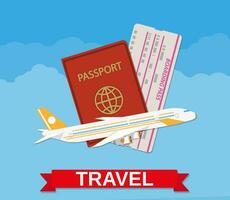 Jet aereo di linea volare, passaporto, imbarco passaggio biglietto nel il nuvole. viaggio concetto. vettore illustrazione nel piatto design