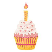 Cupcake con candela su superiore. dolce crema dolce. vettore piatto cartone animato illustrazione.