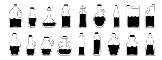 impostato di vario bottiglie con olio. bicchiere bottiglie di diverso forme con diverso vergine oli. vettore nero icone su bianca sfondo