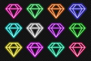 neon diamante icona impostare. raggiante coloful gioiello gemma forma confine. casinò forma azione ui elementi con copia spazio. viola, blu, rosa, giallo, verde, rosso colore testo scatola. vettore illustrazione.