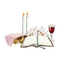 shabbat scena con Aperto Torah prenotare, Due candele, challah con coperchio, rosso vino bicchiere e fiori acquerello vettore illustrazione