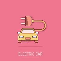 vettore cartone animato elettro auto icona nel comico stile. elettrico automobile veicolo illustrazione pittogramma. ecologia auto berlina spruzzo effetto concetto.
