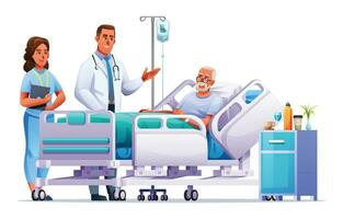 medico e infermiera visitare un' anziano uomo dire bugie su ospedale letto. assistenza sanitaria medico concetto. vettore cartone animato illustrazione