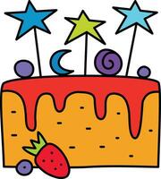 compleanno torta con candele torta icona. simbolo di il vacanza, compleanno. festivo torta con un' candela. isolato vettore illustrazione.grafica, gustoso, collezione, glassatura, realistico, caramella, Palloncino, piatto.