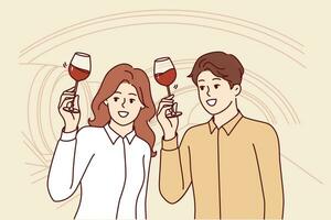 coppia sta nel seminterrato di azienda vinicola e gusti rosso vino immagazzinato nel di legno botti vettore