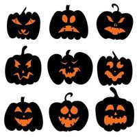 set di zucche con facce intagliate per halloween. per decorare progetti di vacanza, biglietti, inviti, banner vettore