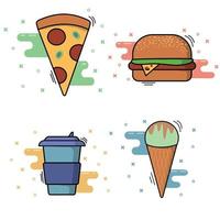 adesivi colorati icone di cibo e bevande, giallo, verde, rosso, blu, luminoso e vettore di cartoni animati