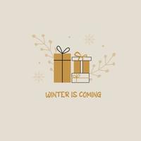 l'inverno sta arrivando biglietto di auguri di natale con regali e rami vettore