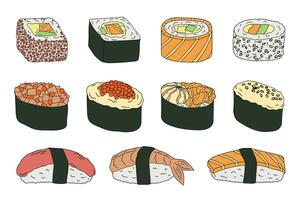 mano disegnato Sushi rotolo clipart impostare. giapponese tradizionale cucina piatti. asiatico cibo vettore