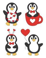 impostato di cartone animato San Valentino giorno pinguino personaggi. carino pinguini nel tazza, ghirlanda, fascia per capelli e con cuore Palloncino. vettore piatto illustrazione.