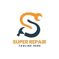 super riparazione logo design moderno minimo concetto disegno, martello, chiave inglese vettore