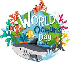banner della giornata mondiale dell'oceano con personaggio dei cartoni animati di animali marini vettore