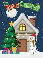 poster di buon natale con pupazzo di neve e casa invernale vettore