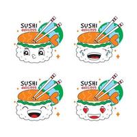 sushi di cartone animato con divertenti espressioni facciali vettore
