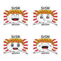 prcartoon sushi con divertenti espressioni facciali vettore