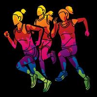 gruppo di donne inizio in esecuzione corridore azione jogging insieme cartone animato sport grafico vettore