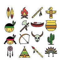 set di icone grafica vettoriale di nativi americani. icona in colorato stile linea piatta.