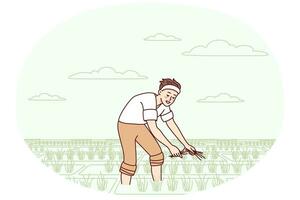 giovane uomo Lavorando nel campo nel campagna. maschio contadino occupato nel terreni agricoli su raccogliere stagione. agricoltura e agricoltura. vettore illustrazione.