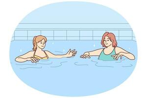 donne nel costumi da bagno avere divertimento nel nuoto piscina insieme. femmina amici nel bikini nuotare nel acqua nel interno piscina. passatempo e ricreazione. vettore illustrazione.