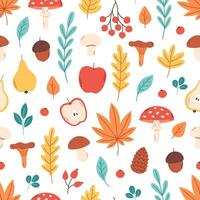 senza soluzione di continuità modello con autunno foglie, impianti, funghi, frutta. autunno stagione, Ciao autunno. vettore illustrazione nel piatto stile