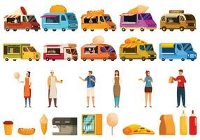 bar su ruote icone impostato cartone animato vettore. camion cibo vettore