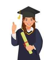contento giovane diplomato donna nel la laurea toga e cappello Tenere diploma e certificato mostrando pollice su vettore
