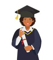 contento giovane diplomato africano donna nel la laurea toga e cappello Tenere diploma e certificato vettore