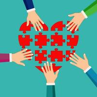 mani di diverso persone Collegare il cuore di il puzzle. vettore illustrazione