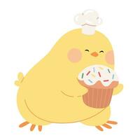 carino pollo con Pasqua torta indossare un' dello chef cappello per Pasqua design. poco giallo cartone animato pulcino carattere. vettore illustrazione per adesivi, inviti, carte, scrapbooking, e confezione design.
